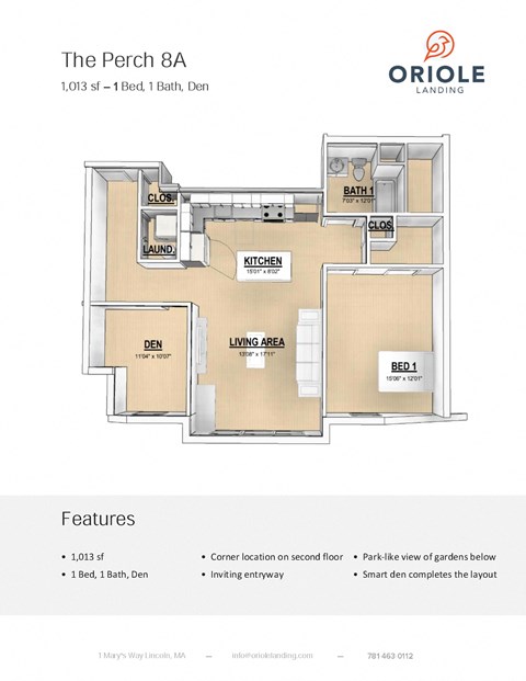 1 bedroom 1 bathroom floor plan K at Oriole Landing, Lincoln, 01773
